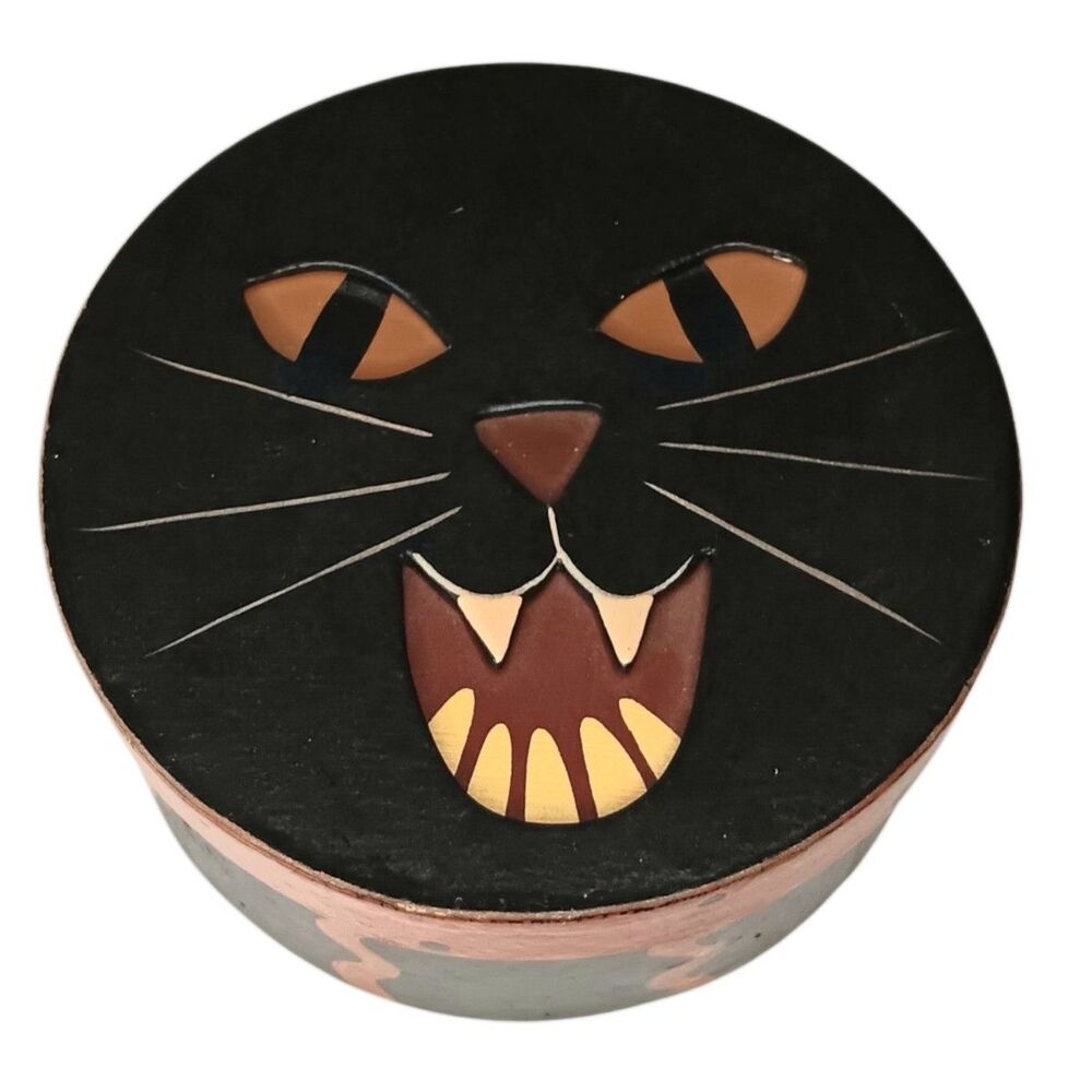 Black Cat Cardboard Papier Mache Box Halloween Folk Art Style 2.5" x 6"